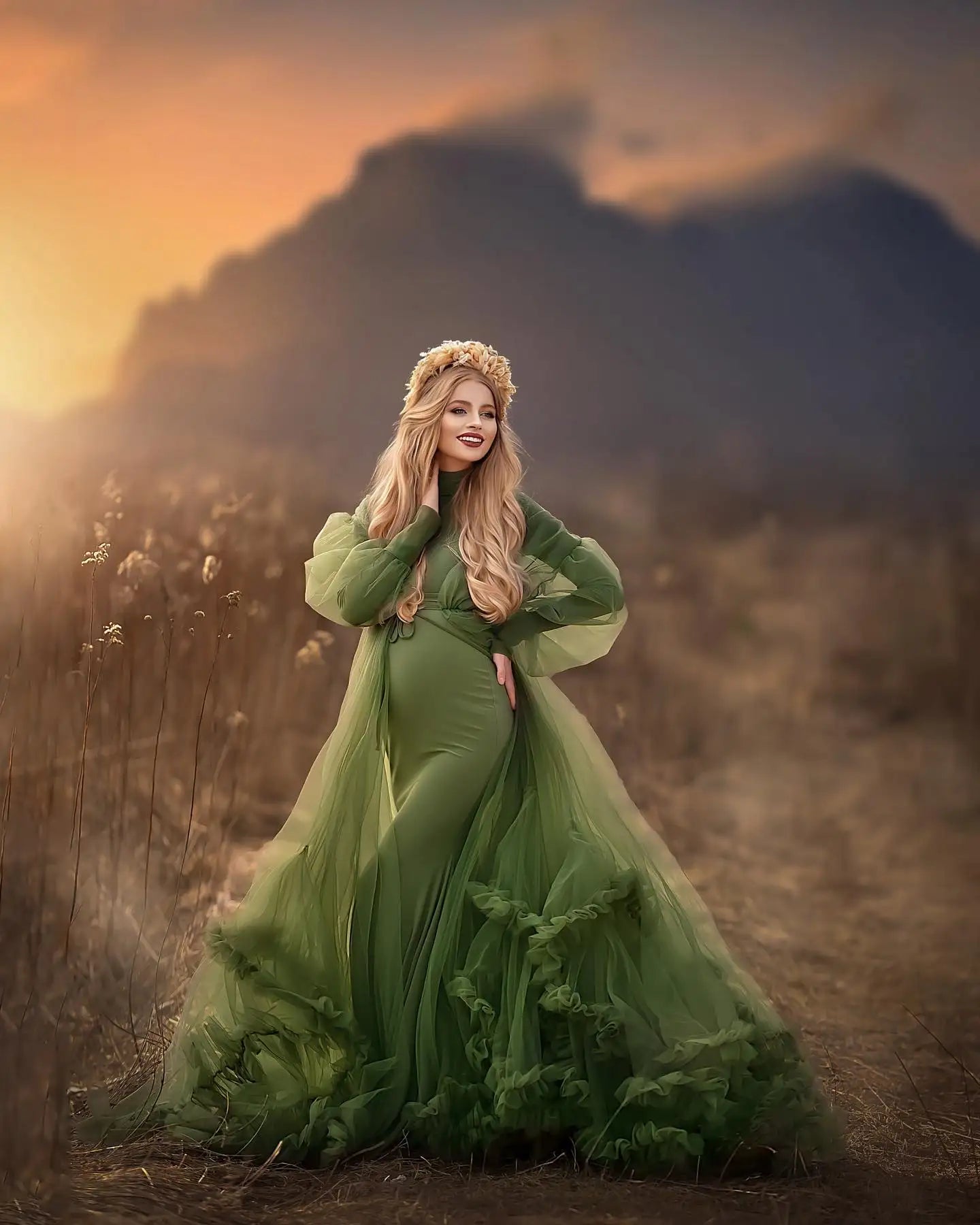 nvxiot - Modest Green Mermaid Maternity Dress for Photoshoot High Neck Pregnant Women Photography Dresses Long Sleeve Babyshower Gowns