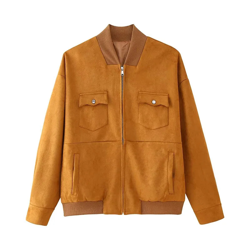 nvxiot - New Suede Zipper Thin Jacket Women Classic Solid Color Loose Pockets Coats Female Autumn Retro Casual Short Jackets Outwear