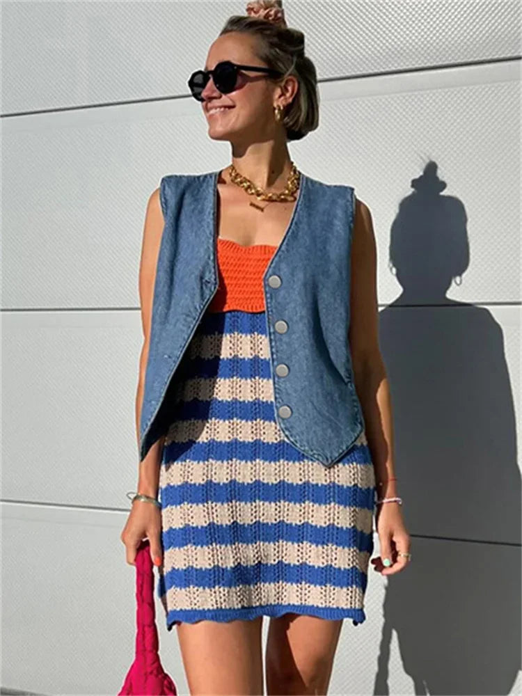 nvxiot - Denim V-Neck Vestidos Outwear Female Sleeveless Casual High Waist Jean Streetwear Patchwork Cardigan Y2k Top Women's Vests