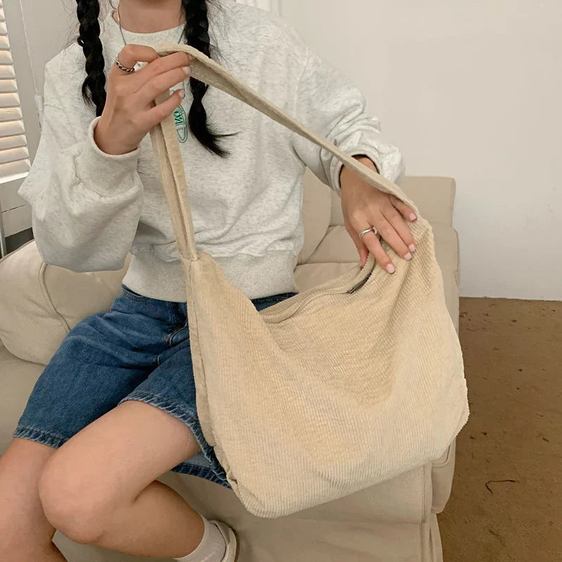 nvxiot Large Capacity Shoulder Bag Women Tote Corduroy Handbags for Female INS Fashion Big Bags Black/Beige/Red/Green/Khaki Solid Color