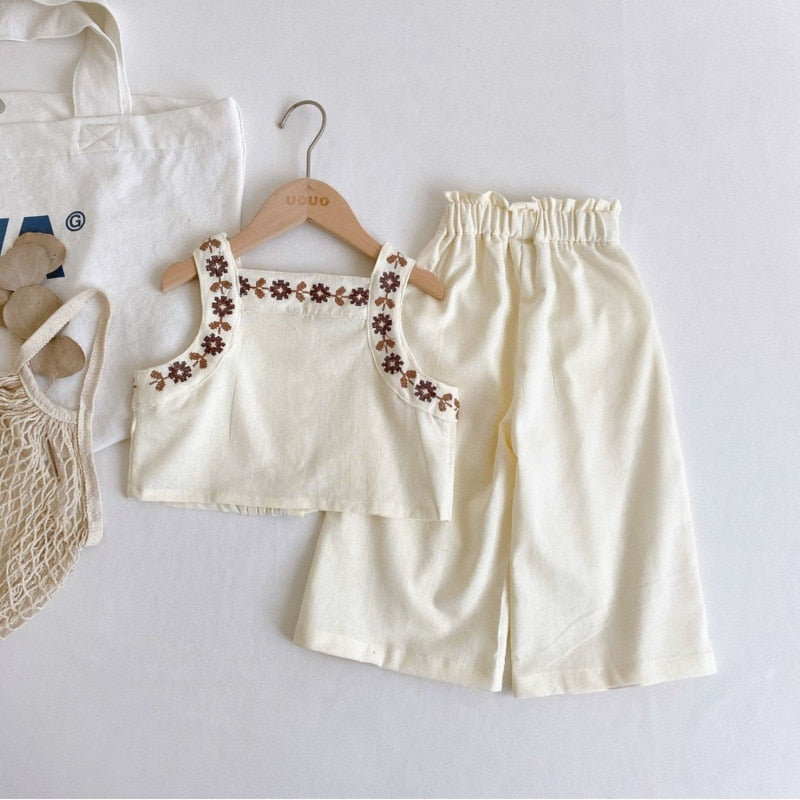 nvxiot Girl Clothes Sets Summer Solid Color Linen Cotton Spaghetti Strap Emboried Tops Wide Leg Pants 2Pcs Outfits Sets With Pants 2-7Y