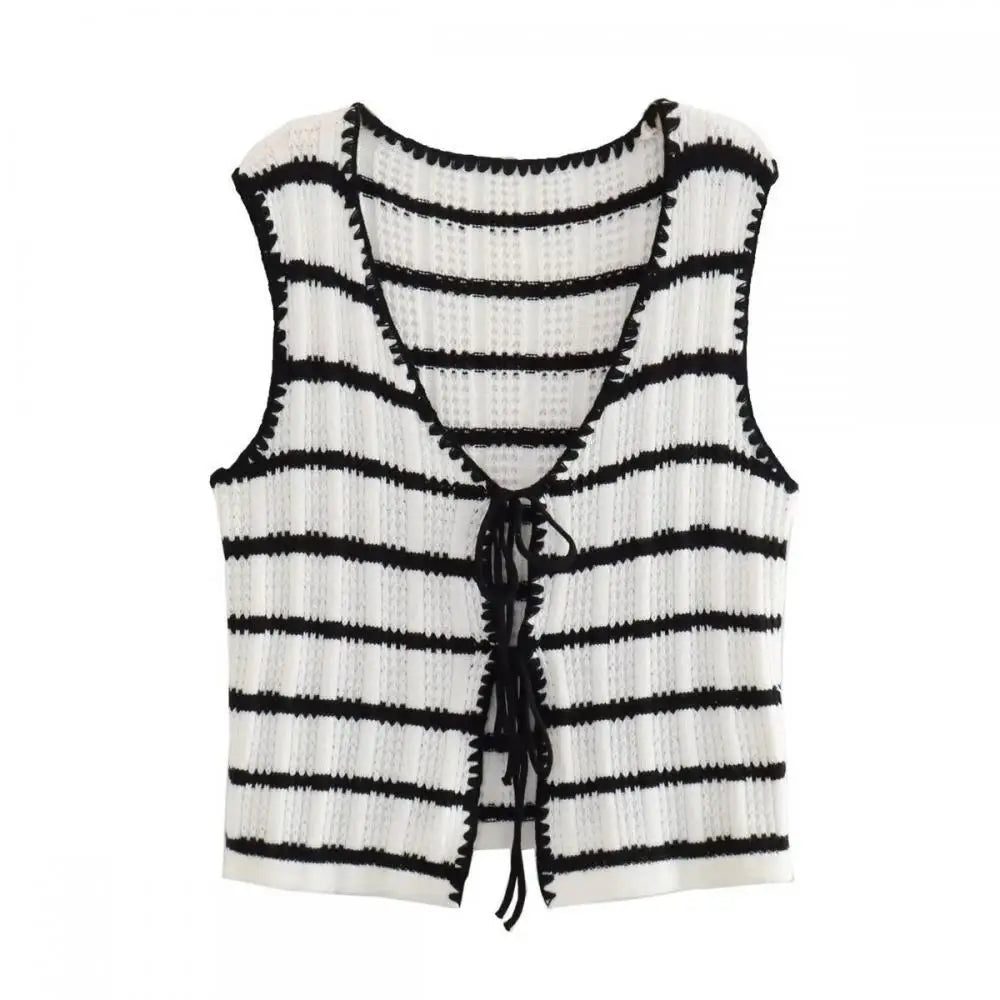 MQTIME - Women Fashion Knitted Striped Waistcoat Pants Set V Neck Front Tie Sleeveless Vest Tank Tops Elastic Waist Trousers Streetwear