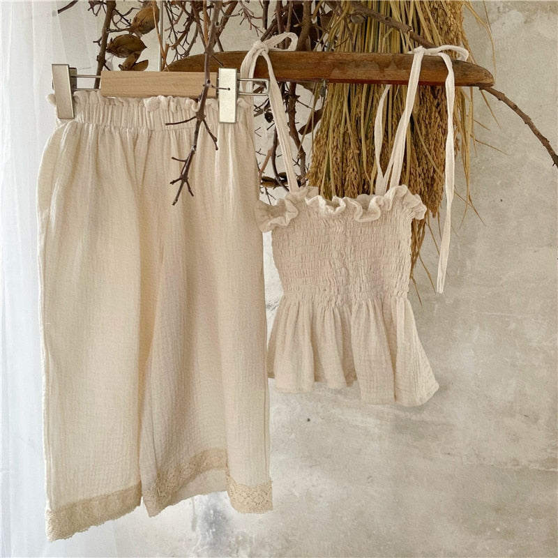 nvxiot Korean Children Kids Clothing Set Girls Summer Organic Cotton Tie Tank Sling Smocked Top Lace Wide Leg Pants Trousers Outfits