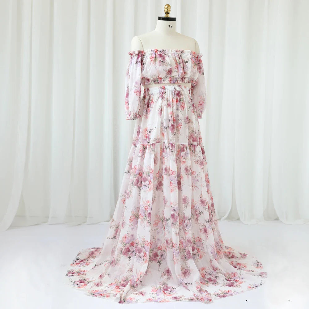 nvxiot - Photoshoot Dress For Women Floral chiffon Two-Piece Long Sleeved&Short Sleeved Short Top Maternity Dresses For Baby Showers