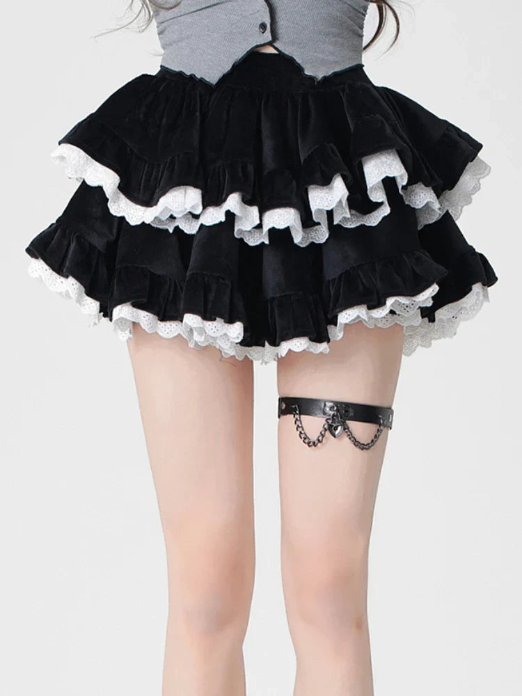 MQTIME - Black Velvet Ball Gown A-line High Waist Mini Women Skirt with Lace Gothic Style Pleated Skirts Korean Fashion Clothing