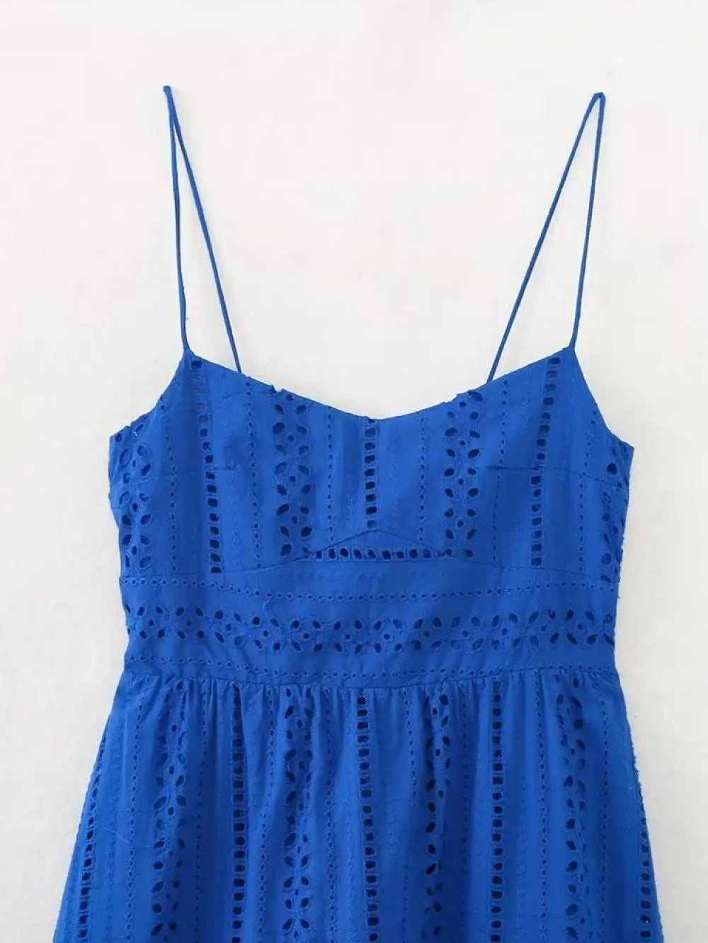 MQTIME - Woman Ocean Blue Spaghetti Strap Suspender Maxi Dress Elegant Lace Hollow Sapphire Blue Summer Dress 2024 Fashion New Lady Wear