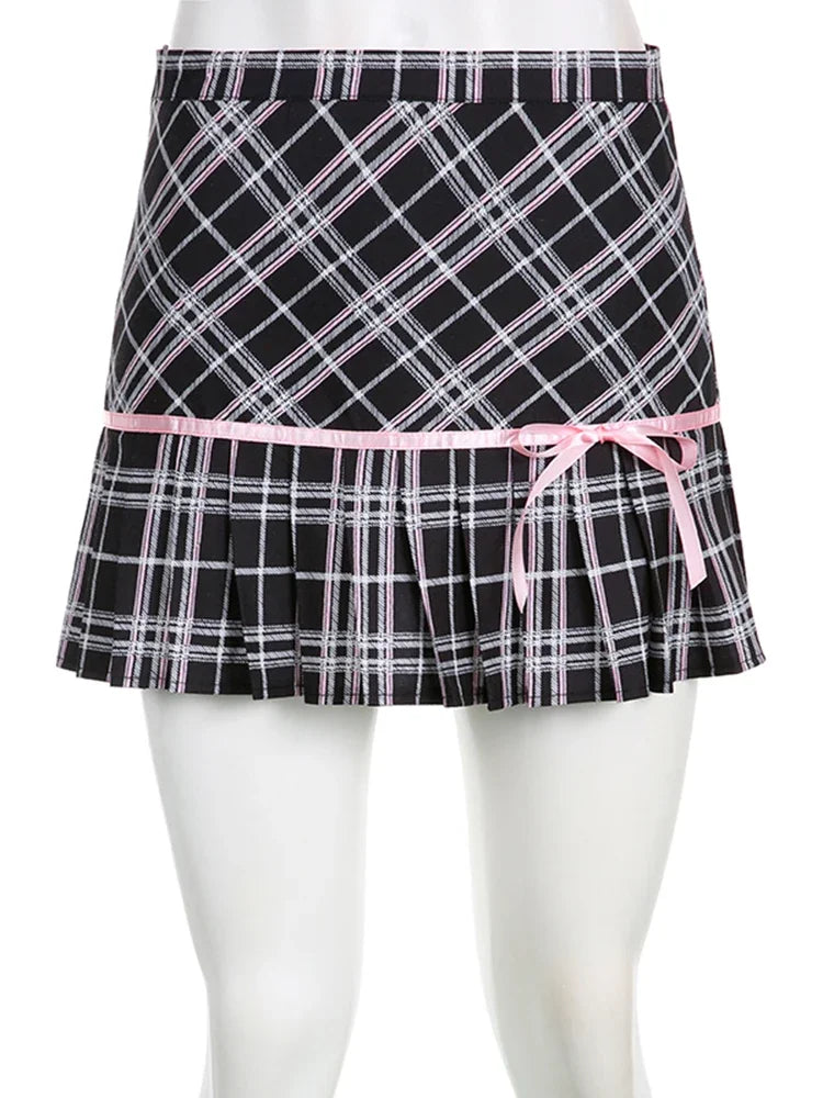 MQTIME - Pink Ribbon Bow Plaid A-line Pleated Mini Skirt Short Skirts @e-girl harajuku fairycore 2000s grunge goth aesthetic korean cloth