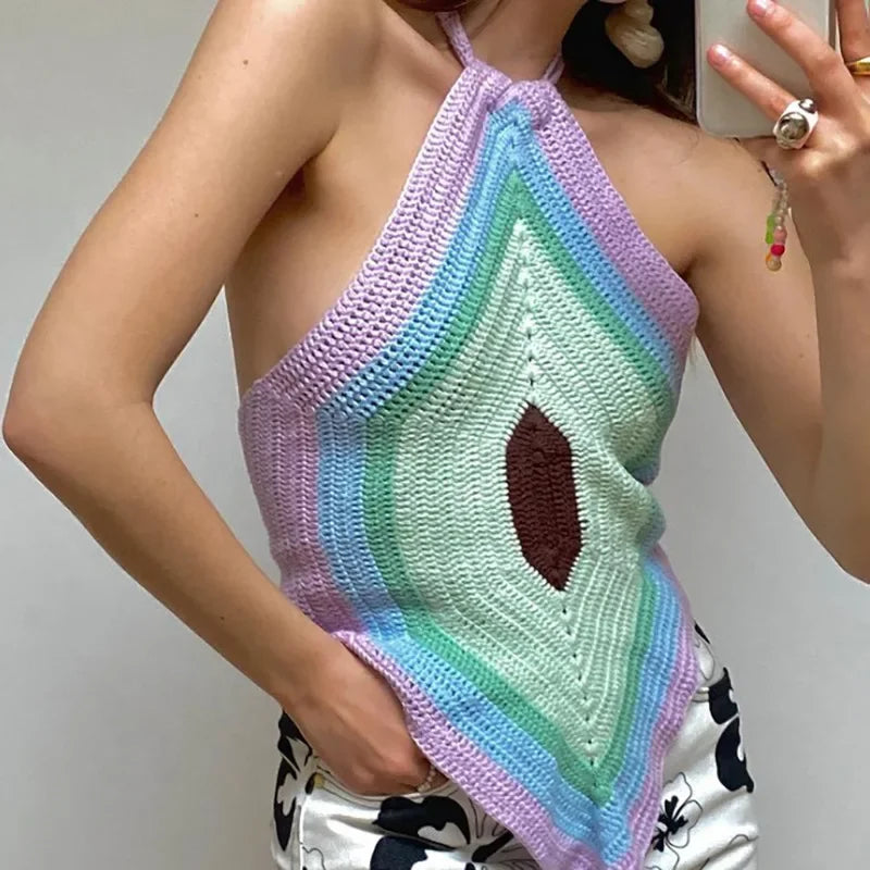 nvxiot - Summer Patchwork Knitted Cropped Top Ladies Halter Neck Y2K Halter New Green T-shirt Casual Party Sleeveless Sexy Vest