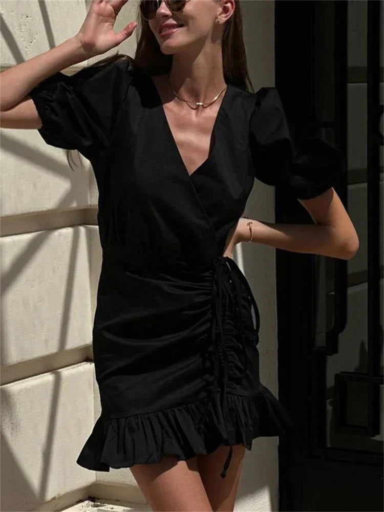 nvxiot - Drawstring V-Neck Sexy Mini Dress Female Ruffled Short Sleeve Patchwork Lace-Up White Dress Women's Bandage Party Dress