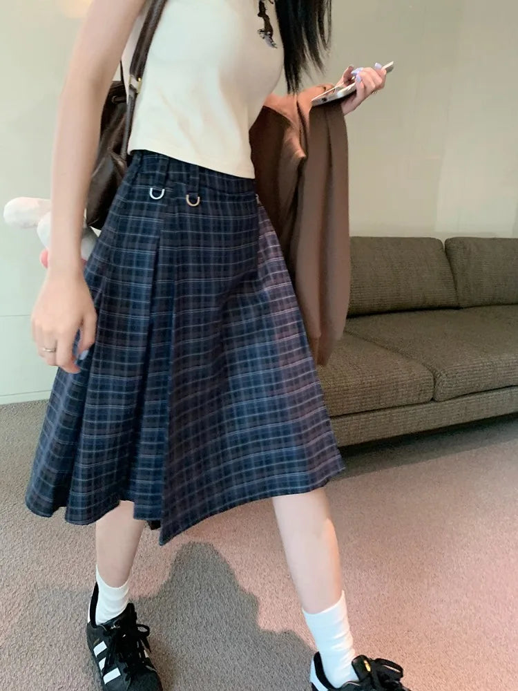 MQTIME - Vintage Plaid Midi Skirt Women American Retro Pleated A-line High Wasit Skirts Summer Fashion Uniform Aesthetics Clothes