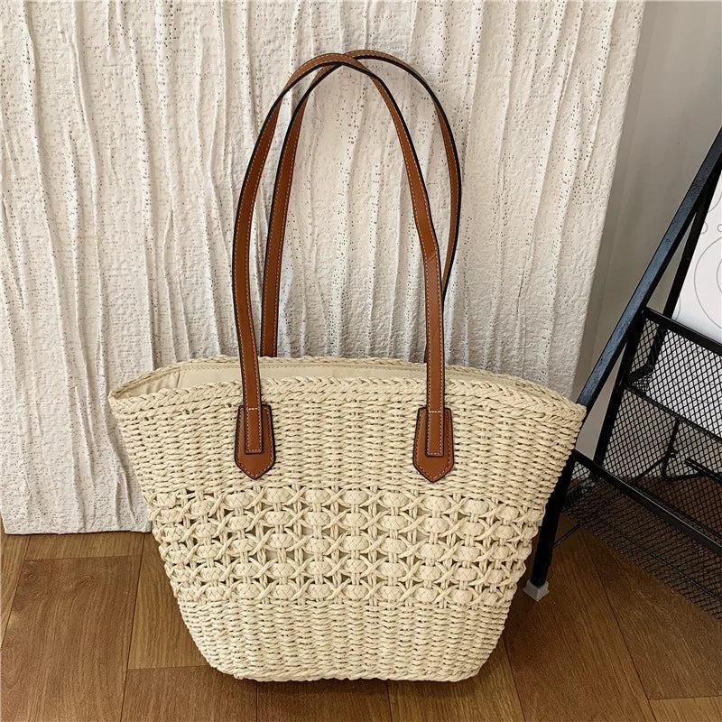 nvxiot - Summer Beach Large Capacity Handbags For Women Retro Beige Khaki Straw Weave Tote Bags Fashion Casual Shopping Shoulder Bag 2024