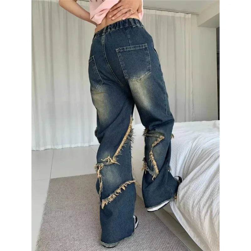 nvxiot Vintage Frayed Star Y2K Splicing Casual Jeans Women Winter New High Waist Distressed Washed Loose Denim Wide Leg Pants