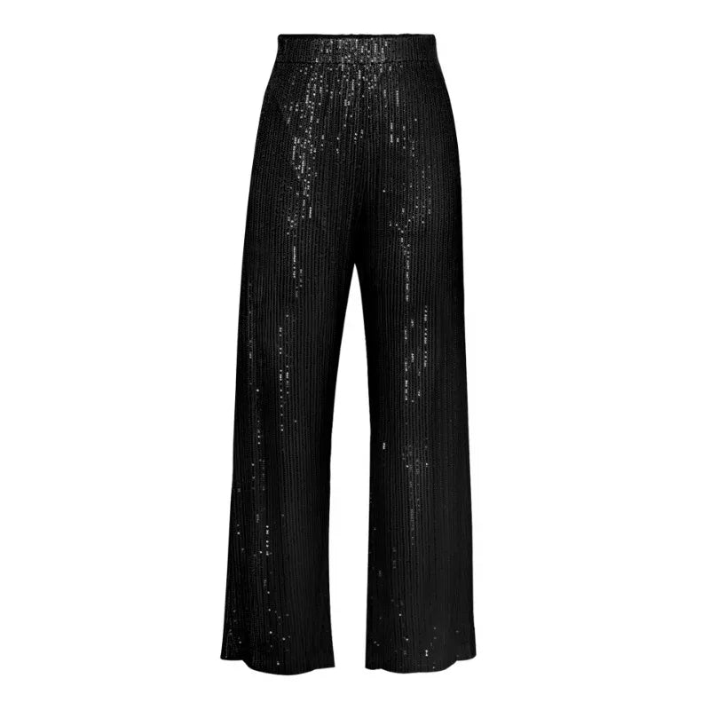 nvxiot - Sparkling Sequins Wide Leg Pants Women Fashion High Waist Loose Casual All Match Trousers Club Party Bottoms Christmas Outfits