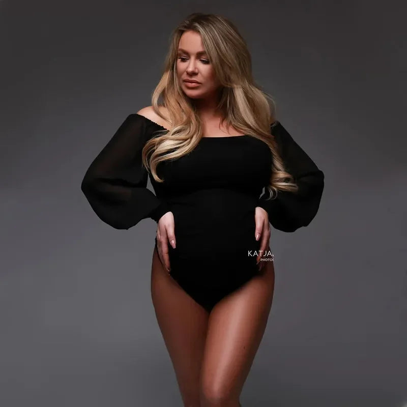 nvxiot - White Stretchy Pregnant Woman Jumpsuit Sexy Slash Neck Chiffon Sleeve Maternity Bodysuit For Photo Shooting Clothes