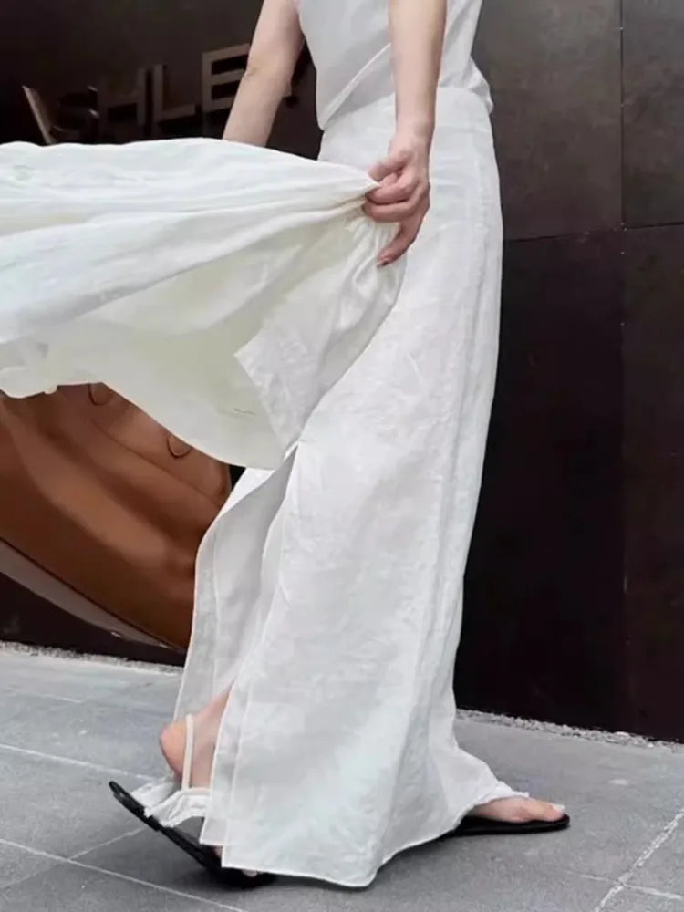MQTIME - Vintage White Linen Maxi Skirt Straight Cotton High Waisted Split Casual Long Skirts for Women Office Lady Summer Skirt
