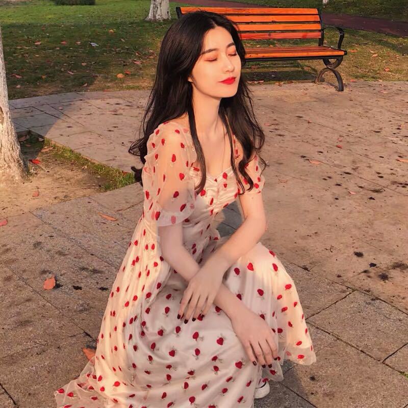 nvxiot Summer Strawberry Dress Embroidery Sexy Square Collar Midi Dresses Casual Short Sleeve Beach Party Dress Femme Vestidos Robe