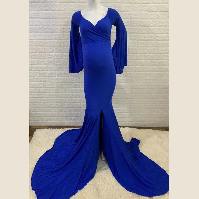 nvxiot - Silk Cotton Maternity Photography Dresses Solid V-neck Ruffle Edge Sleeve Taildress Long Soft Cozy High Waisted Retro Long Dress