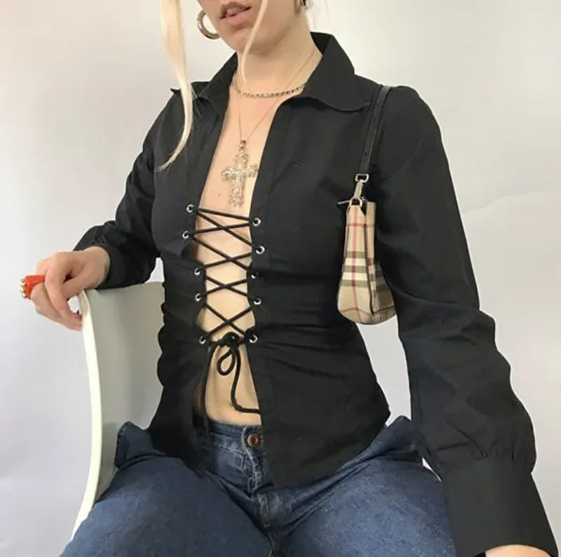 MQTIME - 90s Aesthetics Striped Printing Tie Up Top Y2K Fashion Turn-down Collar Long Sleeve Shirts Vintage Bandage T-shirts Sexy 2024