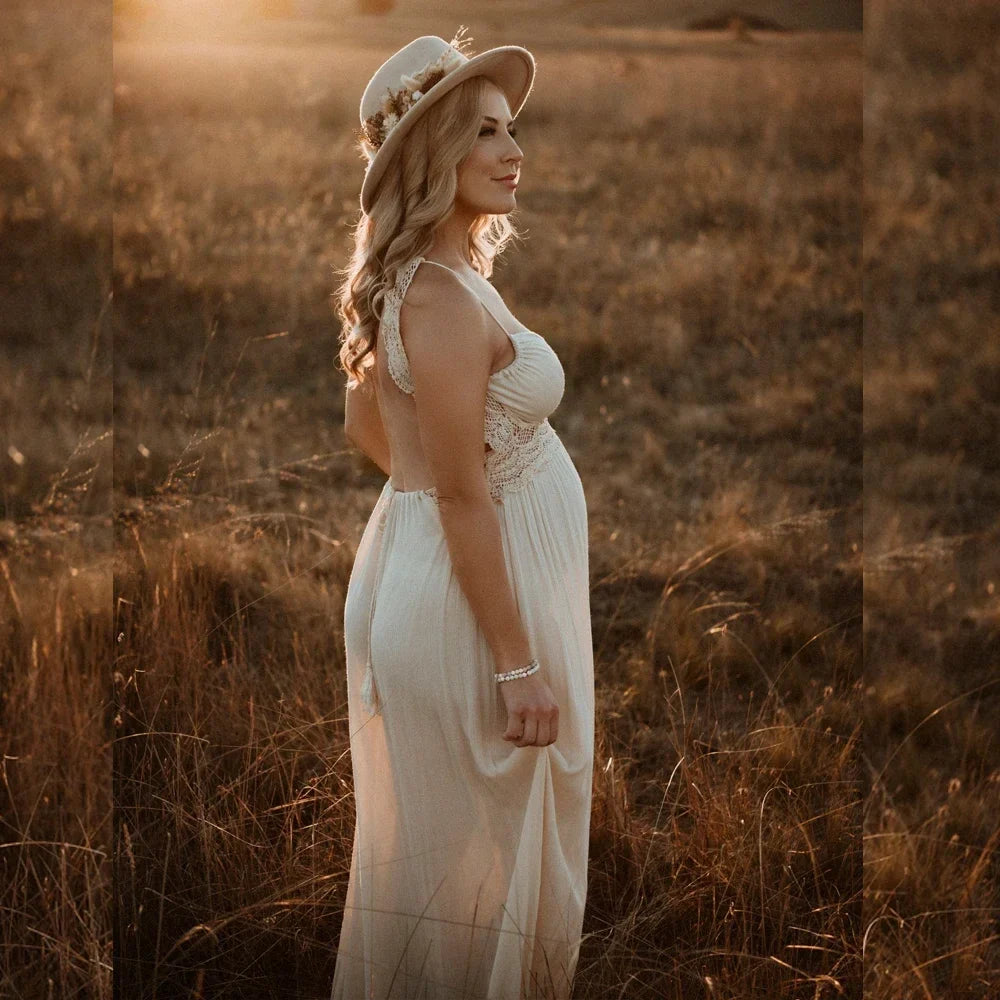 MQTIME - Lace Backless Maternity Dresses for Baby Showers Boho Pregnant Dress V-neck Suspender Bohemian Photo Shooting Pregnancy Dress