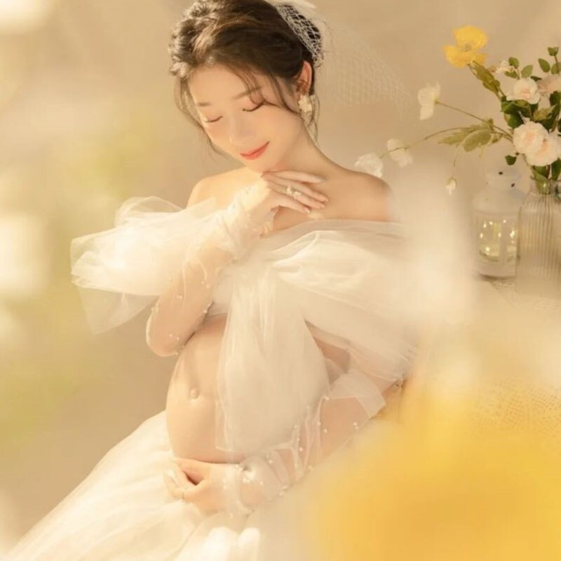nvxiot Maternity Dress Set for Photo Shoot Summer Sexy Shoulderless White Tulle Top+ Skirt 2 Pieces Set for Pregnant Women Photography
