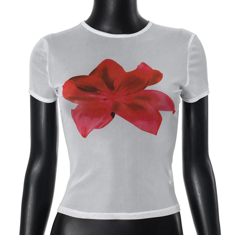 MQTIME - Hibiscus Printed Sheer Gauze Tees Women's O-Neck Short Sleeve Crop T-shirt Slim Casual Versatile Top Y2K Streetwear