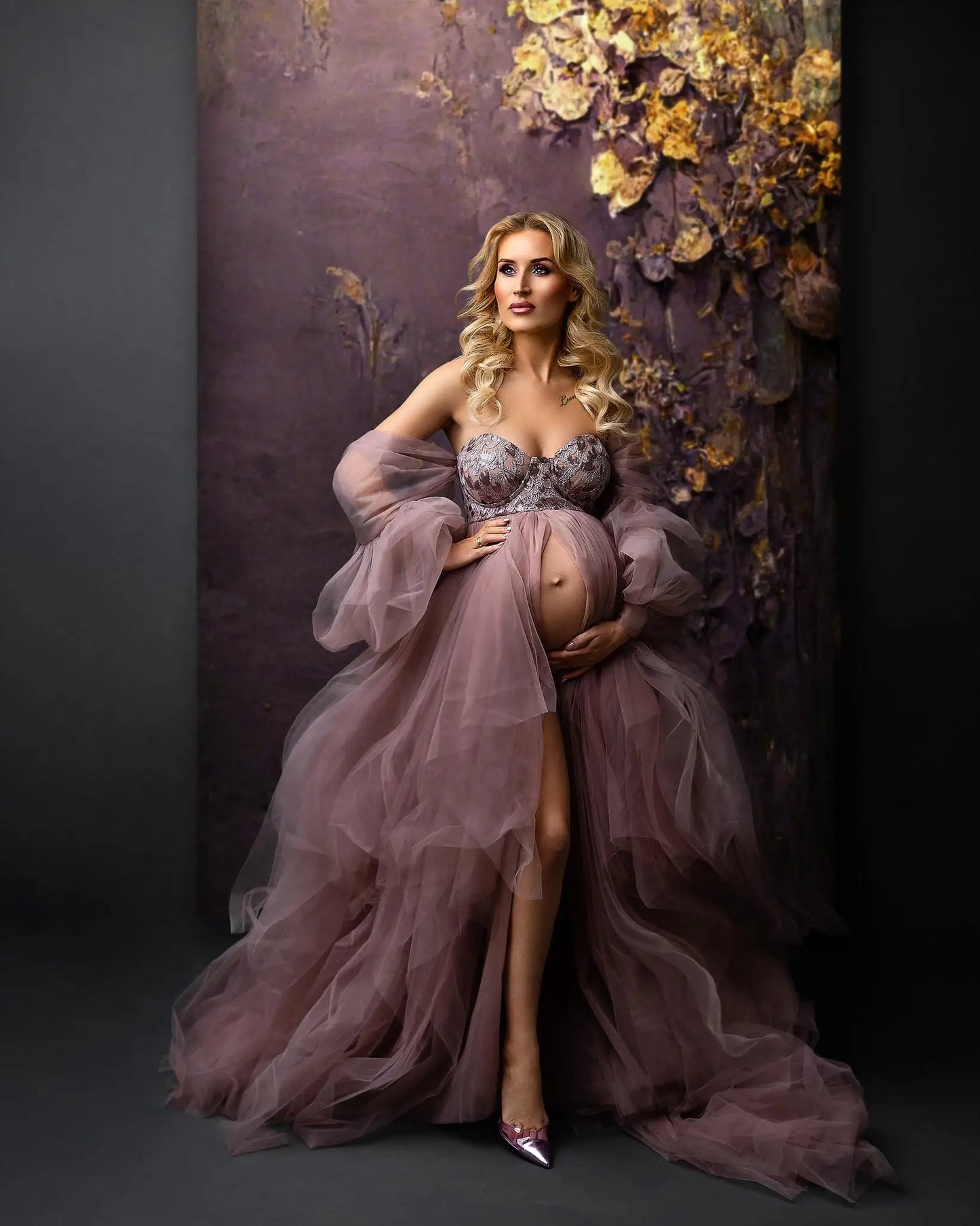 nvxiot - Photo Shoot Dusty Pink Tulle Sequin Maternity Dress with Long Train Puff Sleeves Plus Size Open Front Baby Shower Gown