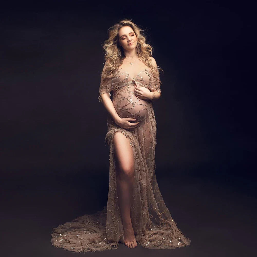 MQTIME - Boho Materntiy Photoshoot Dress sexy Tassels Sequins Champagne Bohemian Tulle Sequined Pregnant Woman Photography Dress