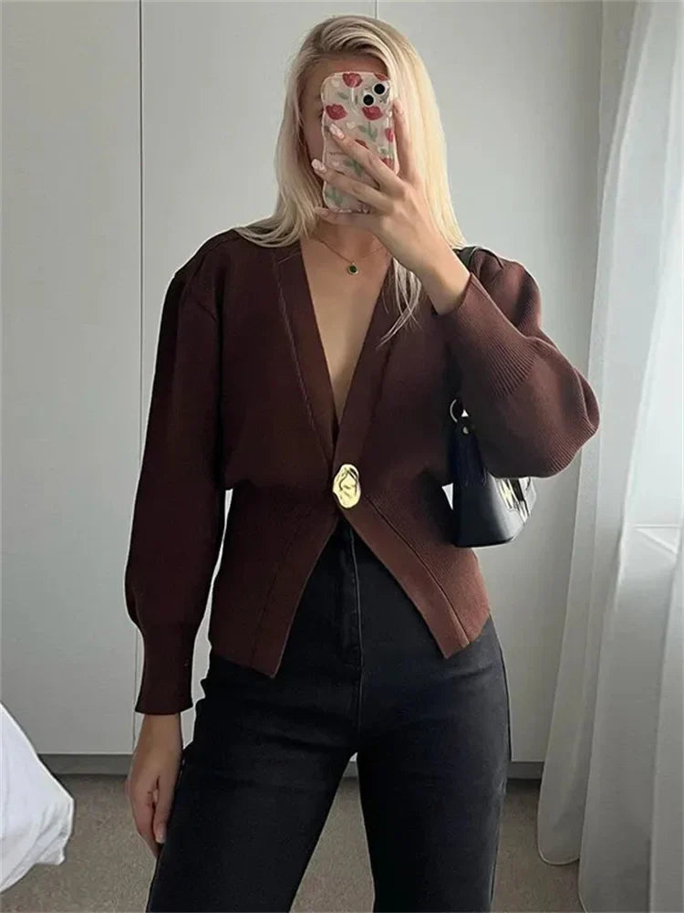 nvxiot - Knitwear V-Neck Cardigan Coat For Women Long Sleeve Fashion Autumn 2024 Elegant Cropped Outwear Knit Women's Cardigan Top
