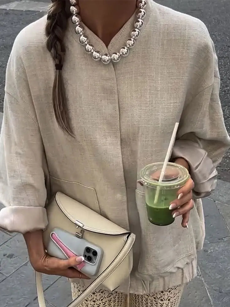 MQTIME - Autumn Elegant Linen Solid Loose Stand Collar Buckle Jacket 2024 Women's Long Sleeves Coat Office Lady Streetwear Jacket