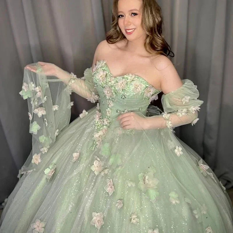 MQTIME - Sage Green Sweet Princess Quinceanera Dress Bead Appliques 3D Flower Vestidos De Birthday Party Graduation Ball