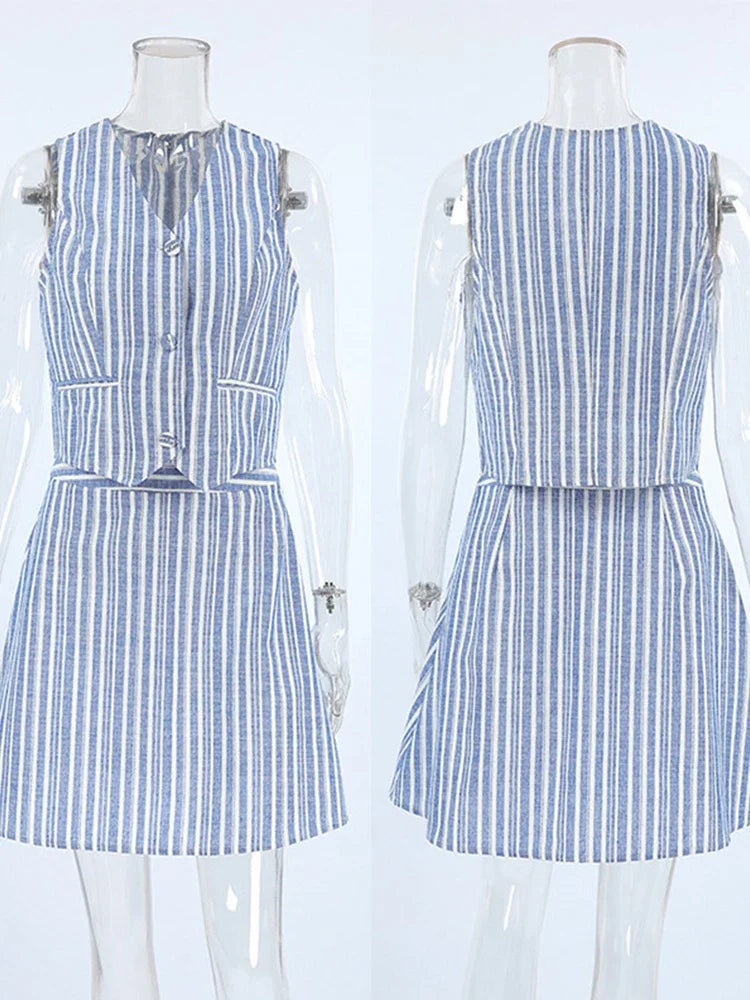 MQTIME - Striped Skirts Sets Women Elegant V-neck Sleeveless Single Breasted Fake Pockets Vest A-line Skirt Suit 2024 Summer Lady Outfit