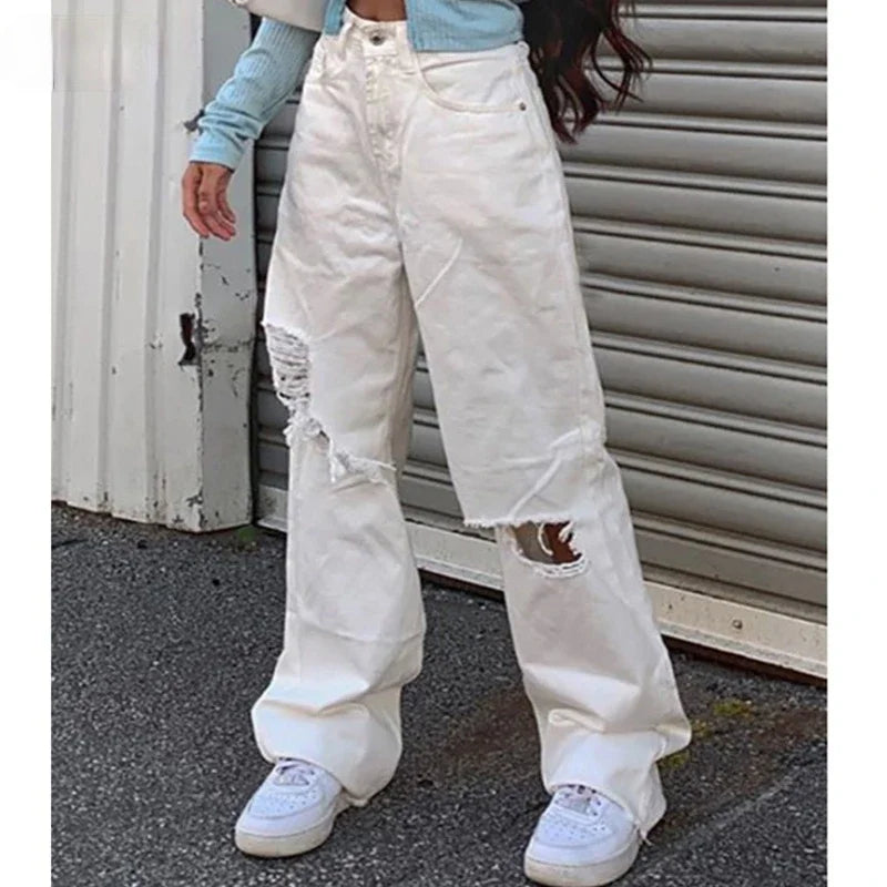 nvxiot - Ripped White Jeans Women Cargo Pants Fashion High Streetwear High Waist Jeans Vintage Straight Leg Harajuku Boyfriend Denim Pant