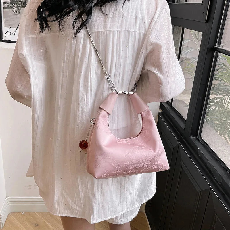 nvxiot - Trendy Beaded Handbags Vintage Fashion Chinese Style Small Tote Bags For Women Simple Silver Color Chain Shoulder Bag Crossbody