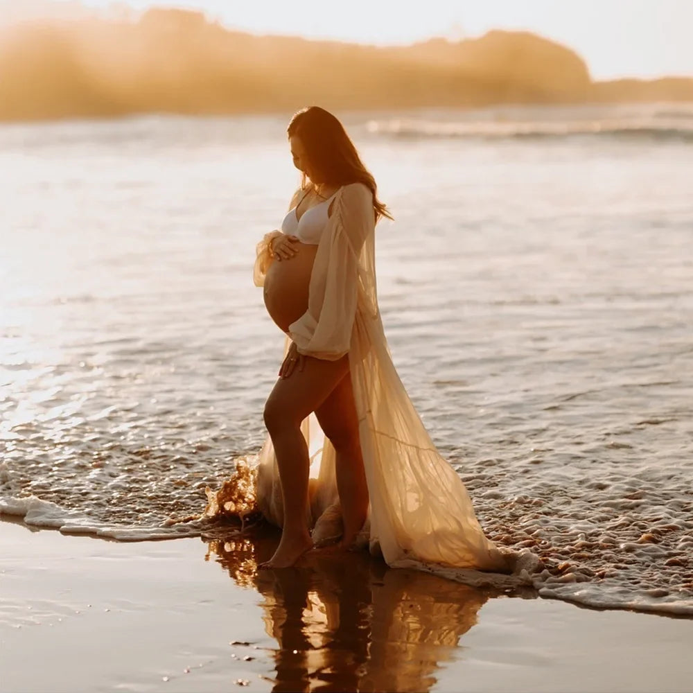 nvxiot - Photography Dress For Women Sexy Transparent Beige Chiffon Beach Robe Maternity Gown For Photo Shoot Boho Style Boho Style Dress