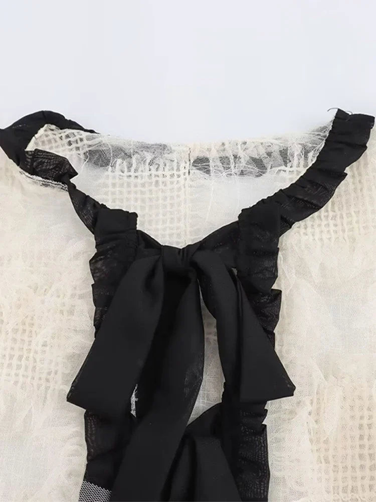 MQTIME - Knitted Mesh Lace Up Shirts Women Elegant Hollow Out Loose Lace Long Sleeve Jacket Coat Female Chic Casual O-Neck Coats Outwear