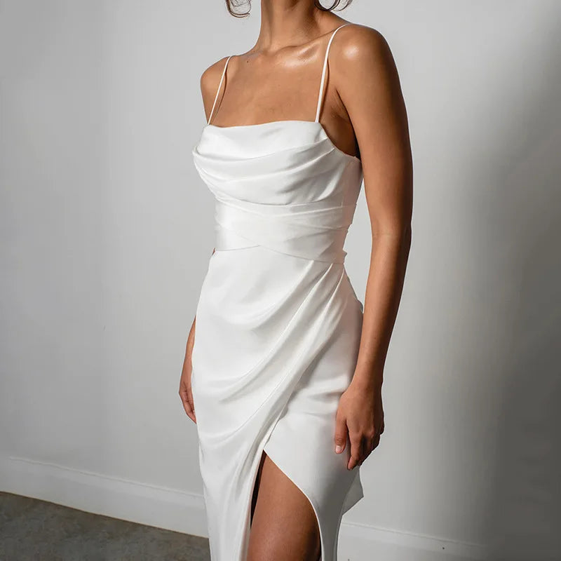 MQTIME - White Mermaid Wedding Dresses Spaghetti Straps Side Slit Bridal Gowns Court Train Formal Occasion Wedding Dress