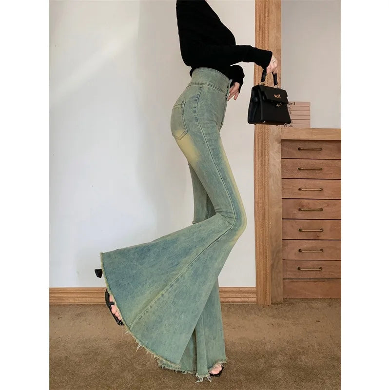 nvxiot Y2K Streetwear Distressed Bleached Casual Jeans Women 2024 Spring New High Waist Sexy Slim Washed Denim Wide Leg Pants