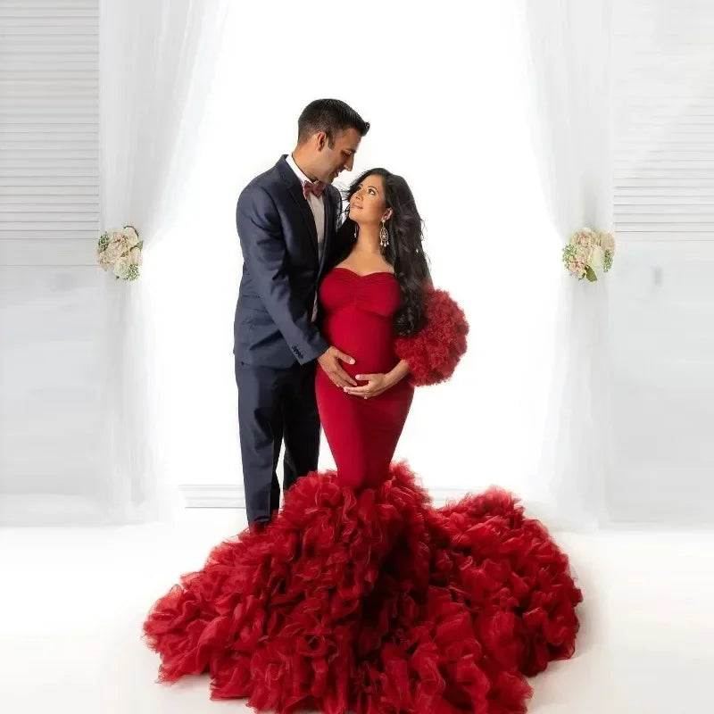 MQTIME - Hot Maternity Dresses Photoshoot Tulle Maxi Gown Baby Shower Ruffles