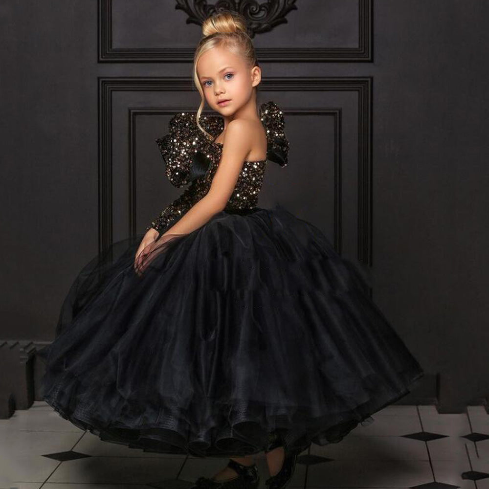 nvxiot Black Flower Girl Dress with Gold Sequin Top One Shoulder Puffy Floor Length Long First Communion Dresses Wedding Party Gown