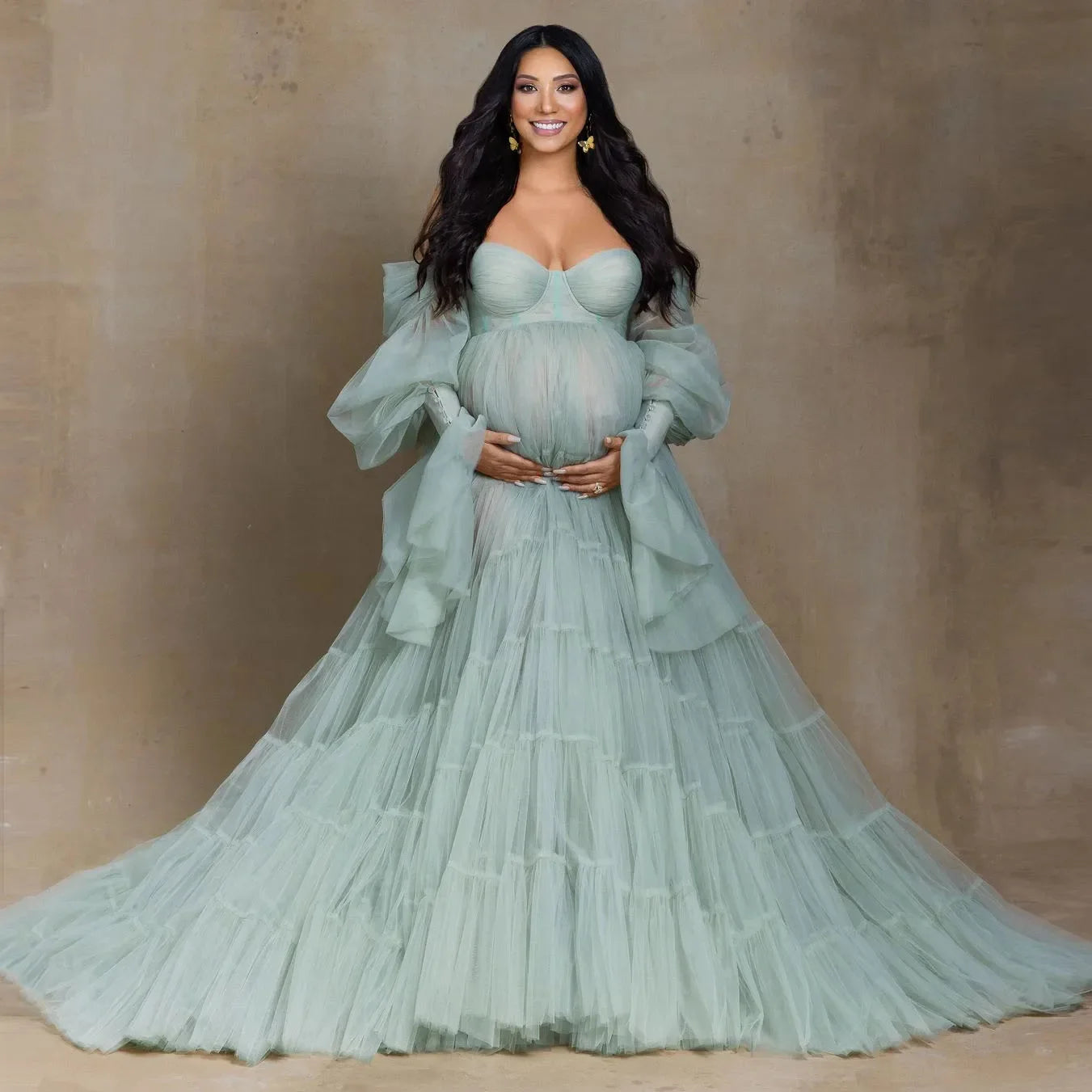 nvxiot Elegant Tulle Maternity Dress for Photoshoot Ruffle Puff Sleeves Bridal Robe Maternity Gowns Green Pregnancy Photography Dresses