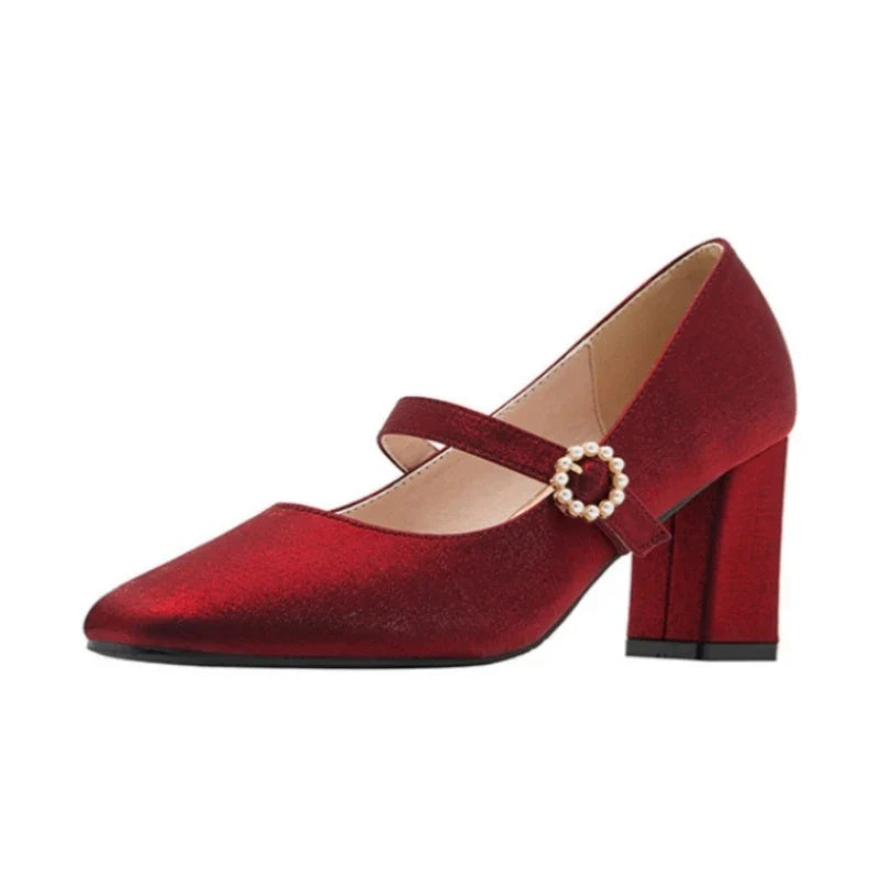 MQTIME - Vintage Pearl Buckle Thick-Heeled Silk Satin High Heels Mary Jane Shoes for Women Chunky Heels Pumps Woman Shoes Fat Wide Feet
