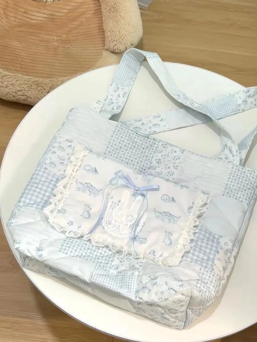 nvxiot - Harajuku Aesthetic Blue Shoulder Bags Women Sweet Lolita Bow Lace Rabbit Cute Handbag Ladies Large Capacity Tote Bag Y2k