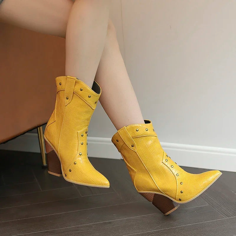 MQTIME - 2024 new autumn winter women ankle boots plus size 22-28cm pu upper pointed toe metal rivet high heel western boots