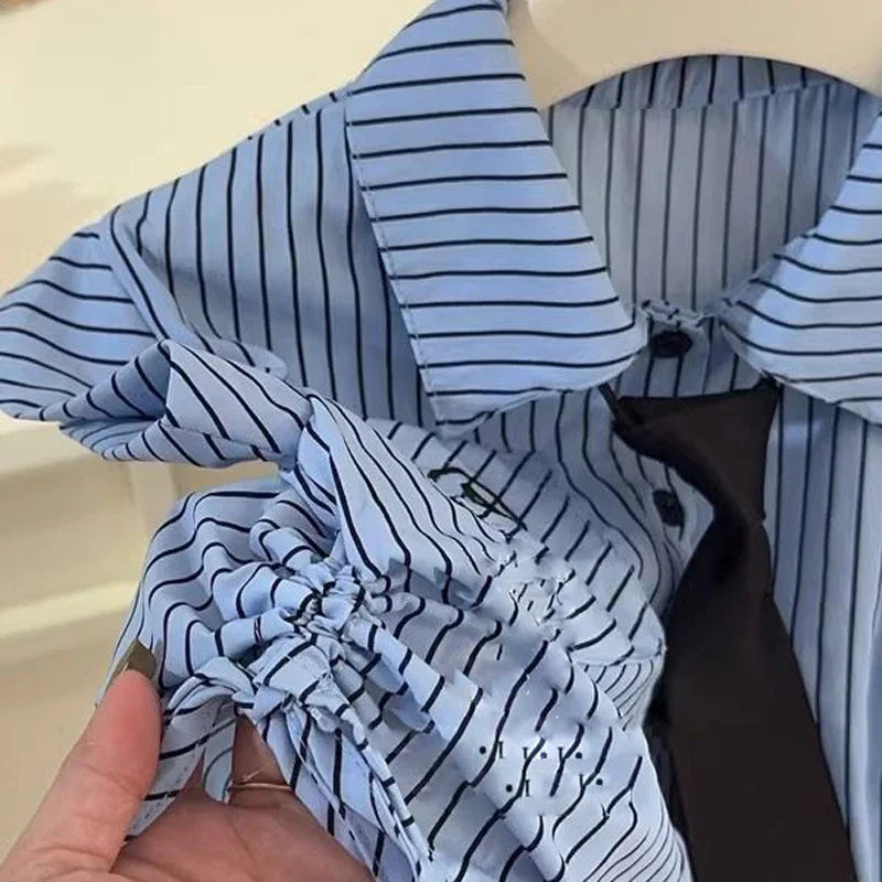 MQTIME - Children's Clothing Suit Summer Girl Campus Fashionable Stripe Flying Sleeve Shirt Top+ Irregular Short Skirt School Uniform