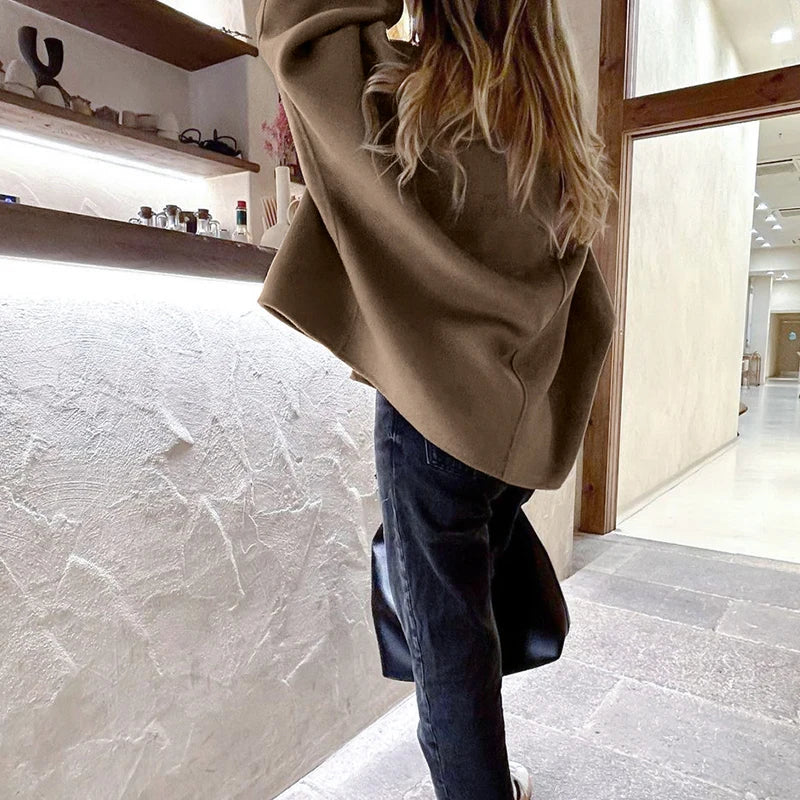 nvxiot Vintage Woolen Oversized Short Overcoat Jacket Women Fashion Button V-Neck Long Sleeved Coats Winter Loose Street Outerwear