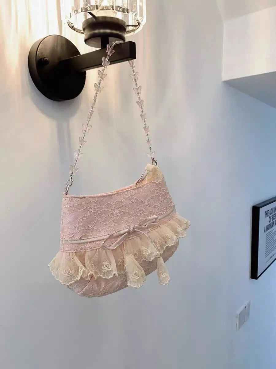 nvxiot - Lolita Lace Sweet Handbag Women Vintage Fairycore Aesthetic Bow Chic Shoulder Bags Purse Female Retro Underarm Bag Bolso