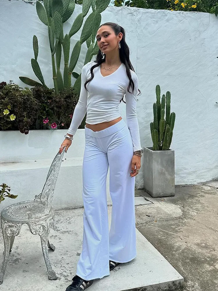 MQTIME - Contrasting Patchwork Pockets Flare Pants Women's Clothes New Low Rise Loose Fit Casual Trousers For Female Streetwear