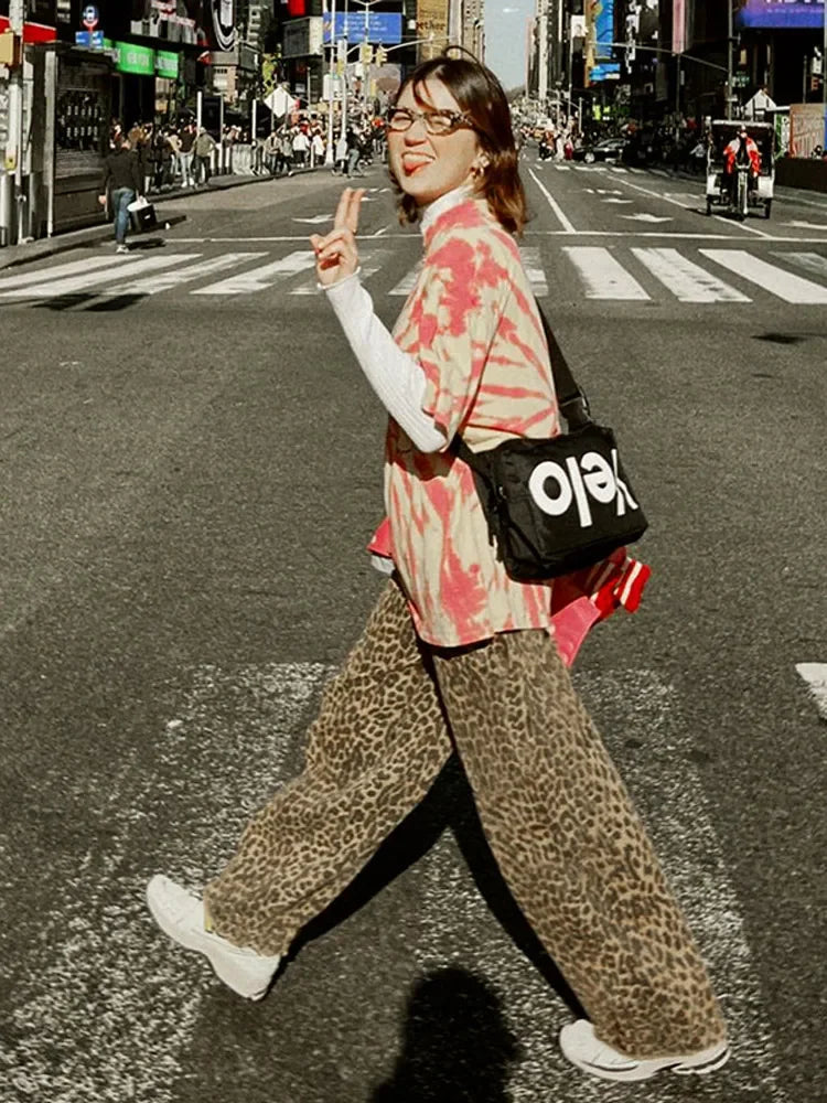 MQTIME - 2024 American New Retro Leopard Women Baggy Jeans Y2K Street Fashion Gothic Loose High Waist Casual Wide Leg Denim Trousers