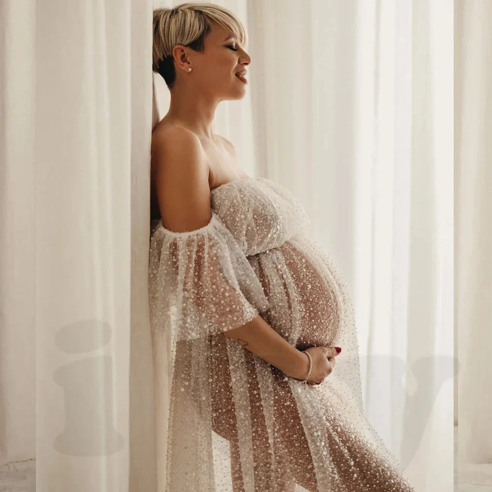 nvxiot - Pregnant Women Photography Dress Transparent Mesh Studded Pearl Sequin Two-Piece Set Maternity Photography Props Dress