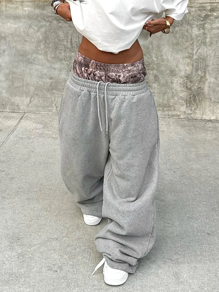 MQTIME - Weird Puss Fake Two-Piece Sweatpants Women Patchwork Trousers Casual Autumn Fashion Loose Sporty Wild Basic Street Long Bottom
